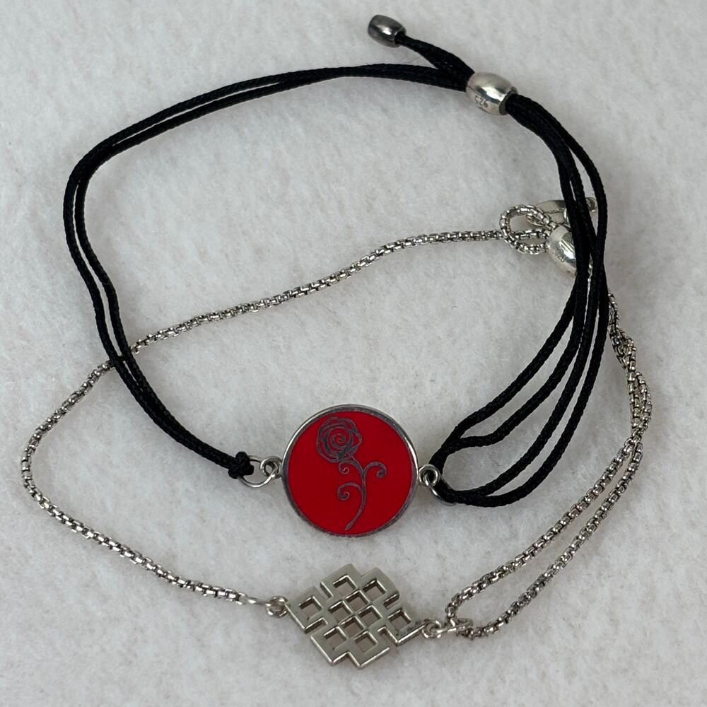 Alex & Ani 925 Bracelets, Enamel Red Rose Kindred Cord, Endless Knot Pull Chain